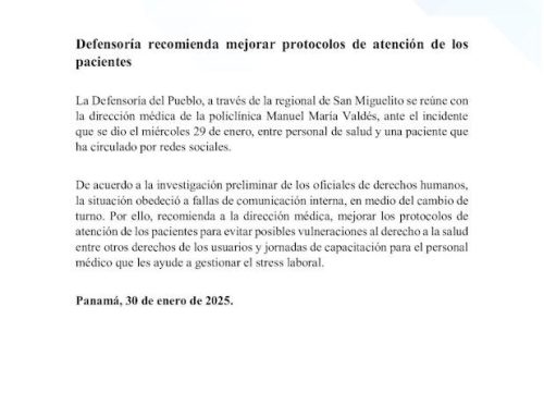 Defensoría recomienda mejorar protocolos de atención de los pacientes