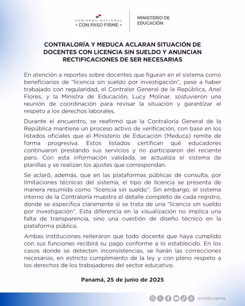 CONTRALORÍA Y MEDUCA ACLARAN SITUACIÓN DE DOCENTES CON LICENCIA SIN SUELDO Y ANUNCIAN RECTIFICACIONES DE SER NECESARIAS