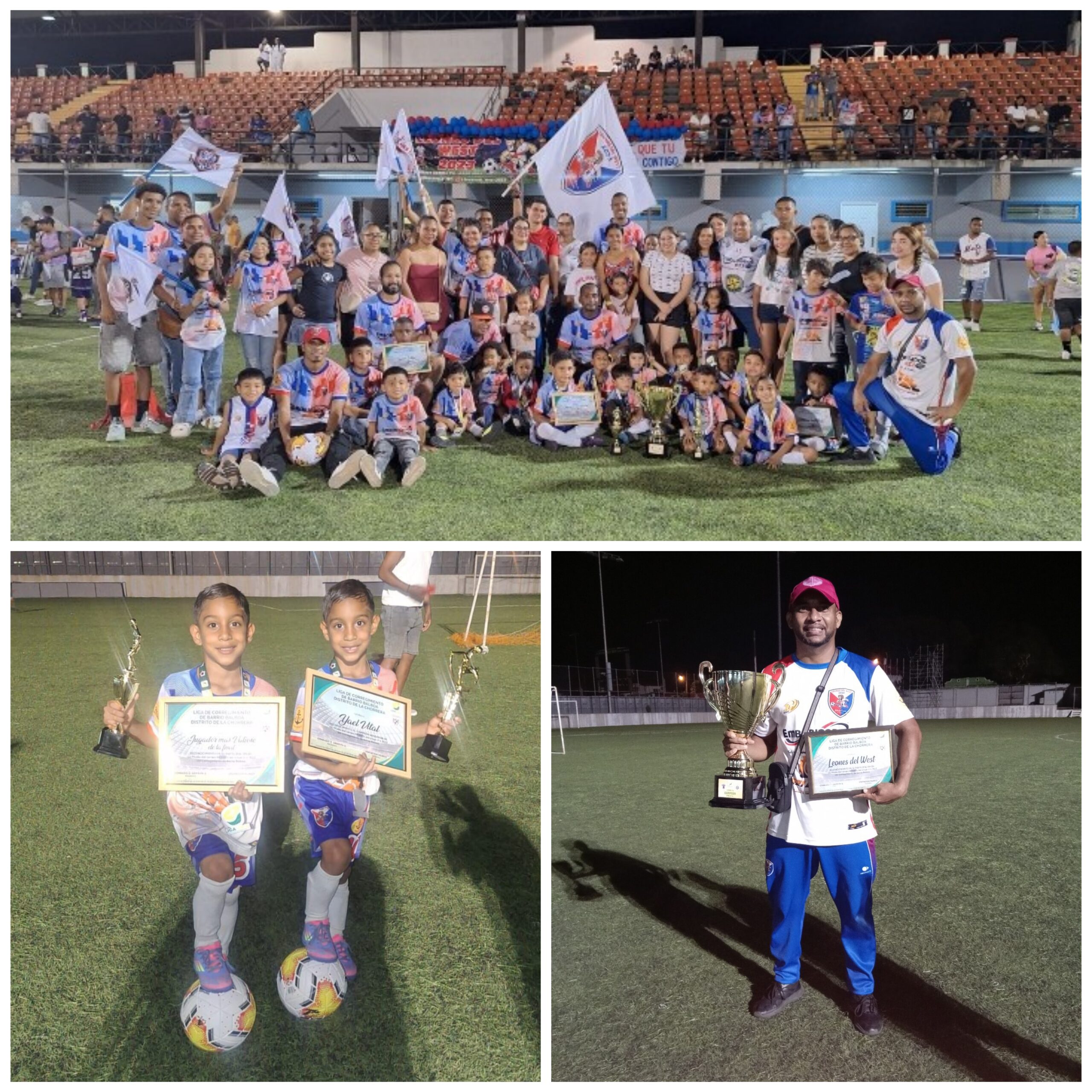 Equipo de los Leones del West posando para la cámara con los trofeos después de quedar Campeones.