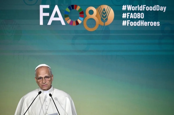 El papa León XIV denunció el “uso de los alimentos como arma de guerra” y la carestía en lugares como: Gaza o Ucrania, en los actos del Día Mundial de la Alimentación en la sede romana de la FAO.