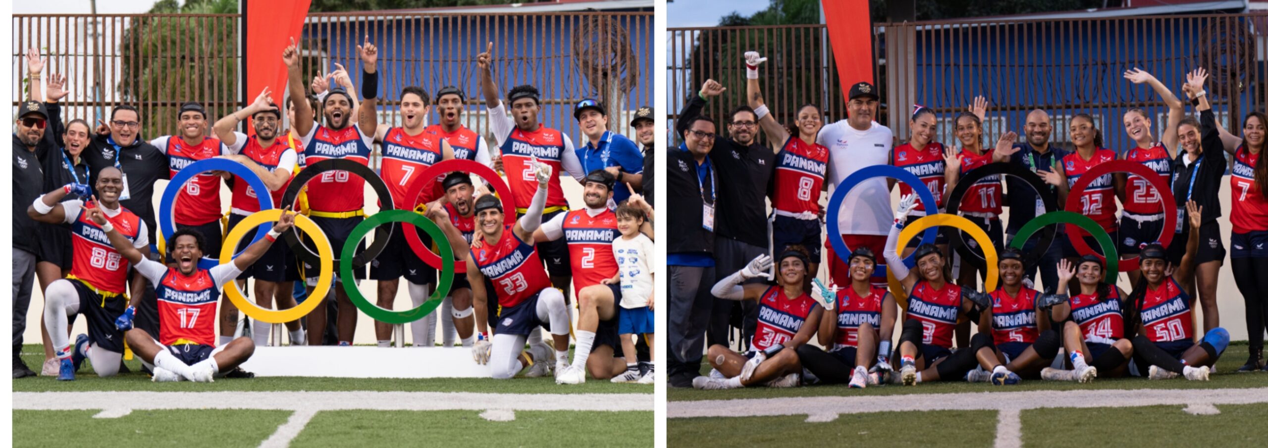 Selecciones masculinas y femeninas de Flag Fútbol posando después de quedarse con el primer lugar y la medalla de oro en los juegos centroamericanos.
