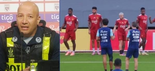 Autoridades dela policía hablan en conferencia de prensa sobre el amplio despliegue de seguridad para el partido Panamá y El Salvador.